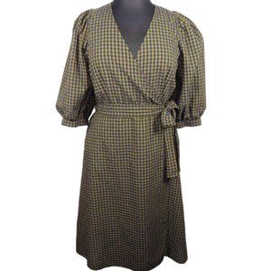 A New Day Women's XL Olive Navy Gingham Seersucker Puff Sleeve Faux Wrap Dress